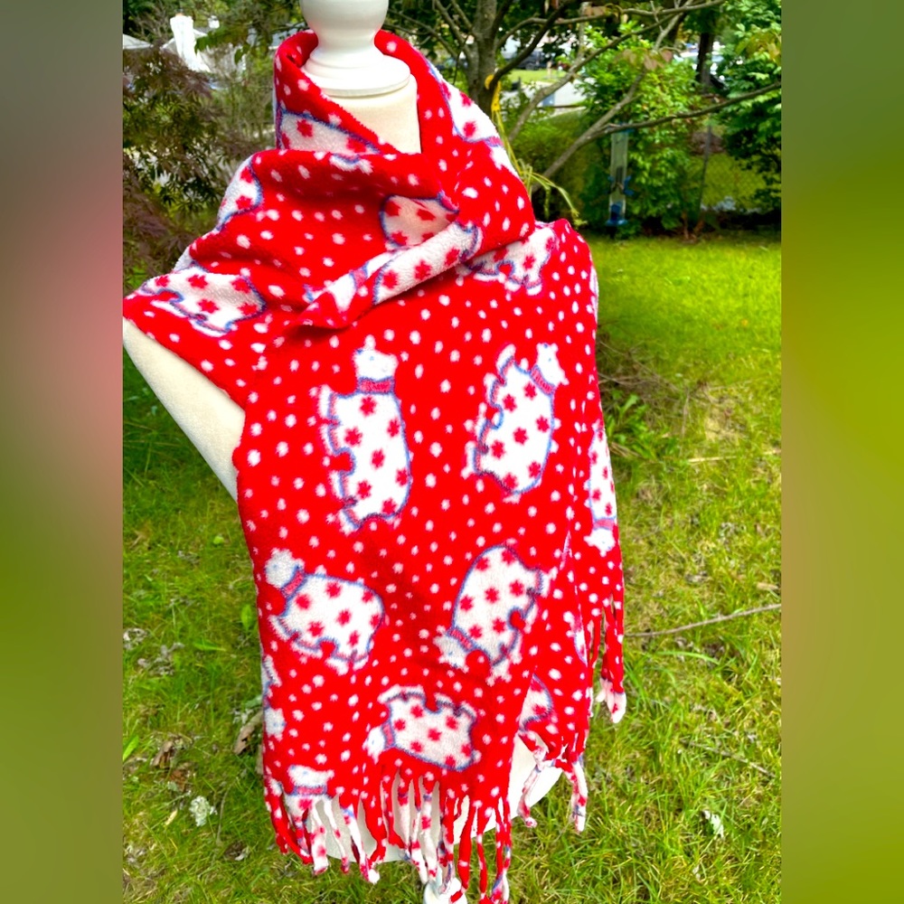 Red Scarf w Polar Bears w Red Blotched White Pajamas on, No Brand, GUC